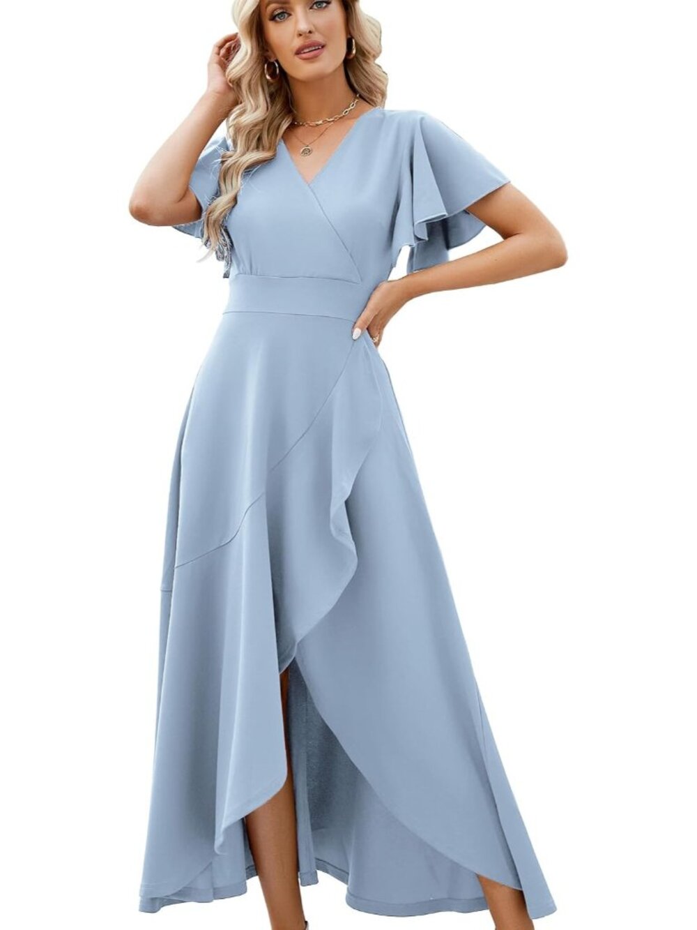 Women's Blue Gowns Evening V Neck Ruffle Skirts Maxi Wedding Guest Dresses